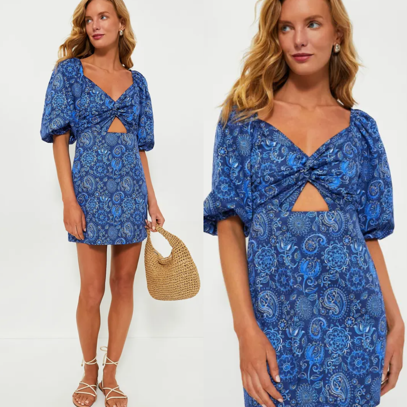 Hyacinth House NEW Blue Mod Paisley Bianca Puff Sleeve V Neck Mini Dress Size XL